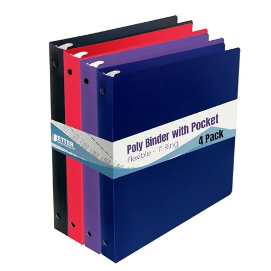 

Flexible 3 Ring Poly Binder with Pocket 1 Inch Letter Size 4 PackRed Blue Purple and Black