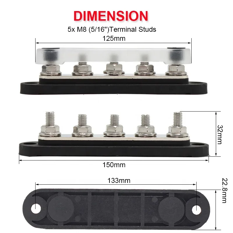 150A Terminal Bus Bar 5*M8 Studs Battery Power Distribution Block Red Black 12V Car Busbars for Automotive Marine Boat