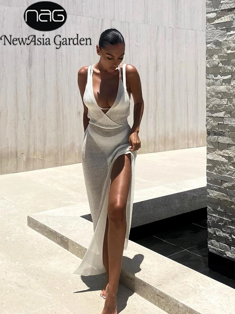 

NewAsia White Crochet Beach Dress Women Coverups Backless Cover Up Knitted Maxi Dresses Summer See Through Side Split Sexy Dress