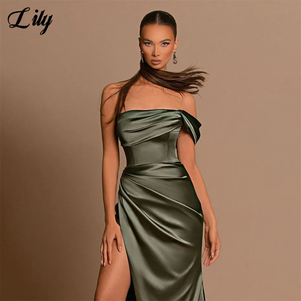 Lily Sexy Strapless Mermaid Evening Dresses Satin One Shoulder Dresses Long Wrap Slit Corset Prom Dress فساتين مناسبة رسمية