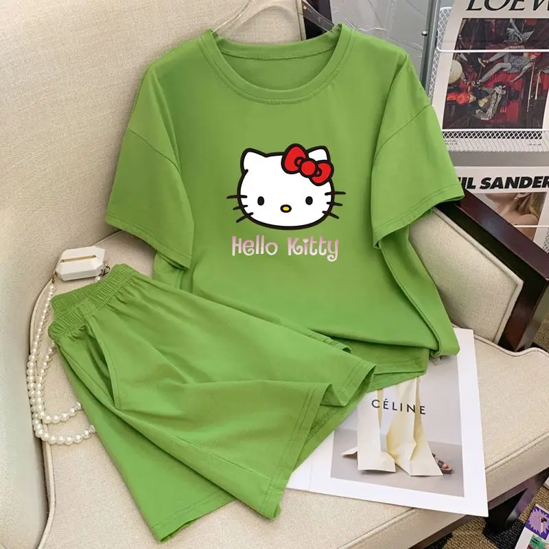 Hello Kitty Anime Cartoon Cute Colorful Pajama Lady Cute Summer Ice Silk Short Sleeve Shorts Comfortable Women Home Wear Set