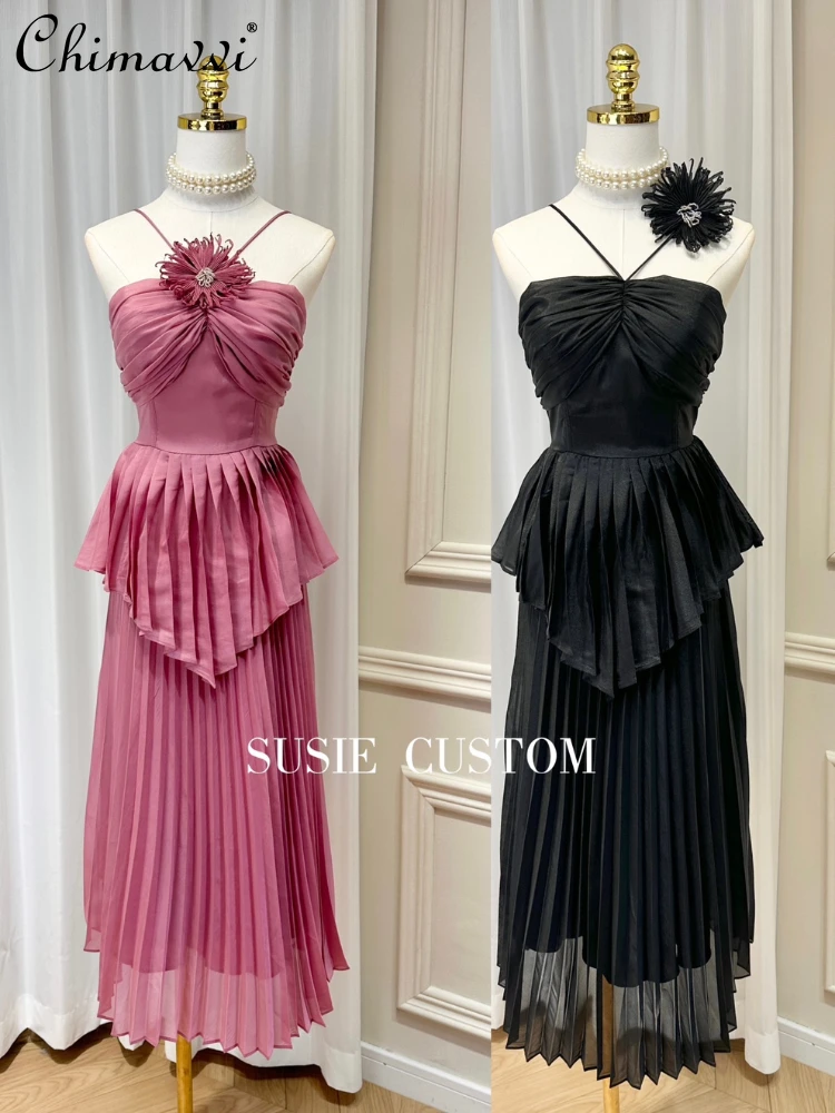 

Detachable Corsage Halter Spaghetti Straps Pleated Tube Top Padded Waist A- Line Pleated Long Dress for Women 2023 Summer