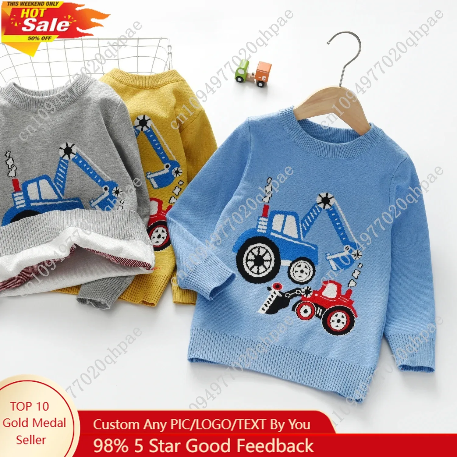 

Boys' cute cartoon excavator sweater knitted pullover suitable for daily leisure in spring, autumn, and winter