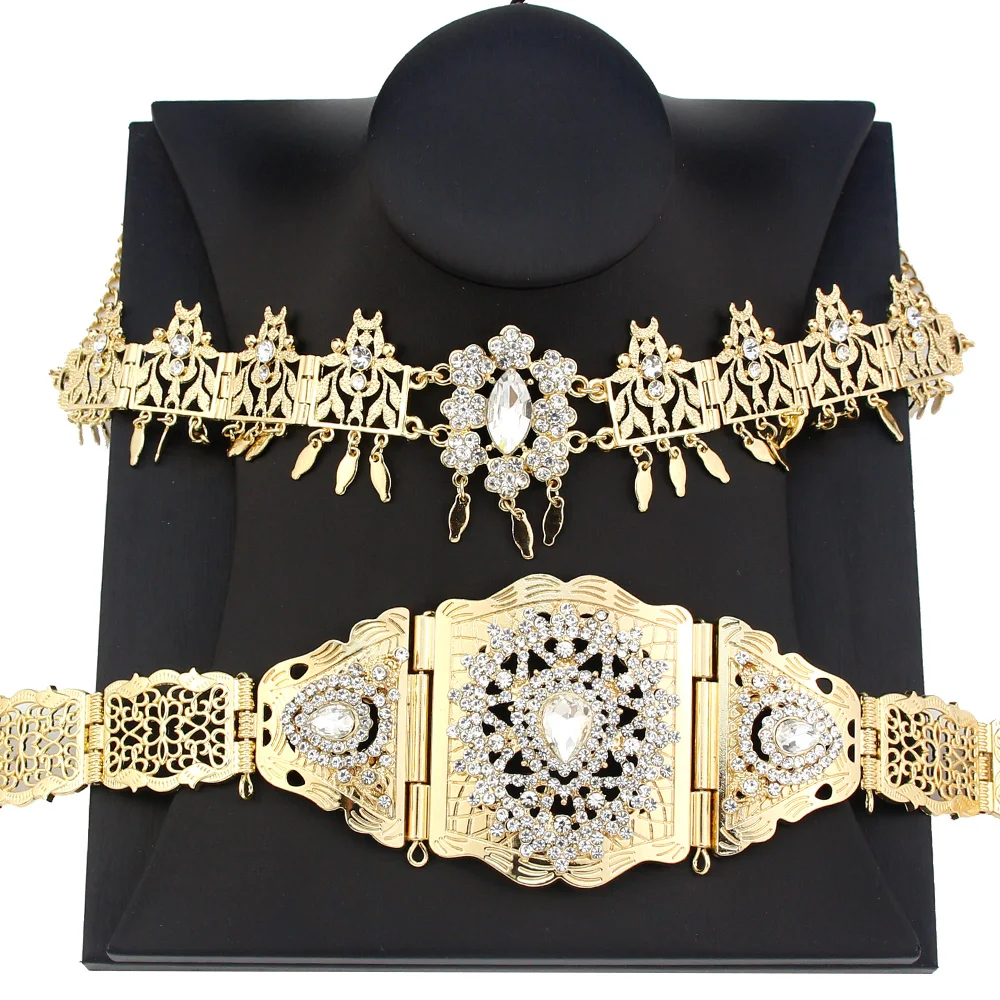 

Sunspicems Gold Color Algeria Morocco Bride Wedding Jewelry For Women Crystal Caftan Belt Adjustable Hair Chain Hairband