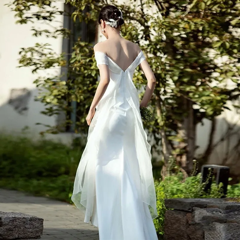 Robe de mariée légère en Satin pour femmes, épaules dénudées, Style français, sirène, robes de soirée élégantes, robe blanche personnalisée