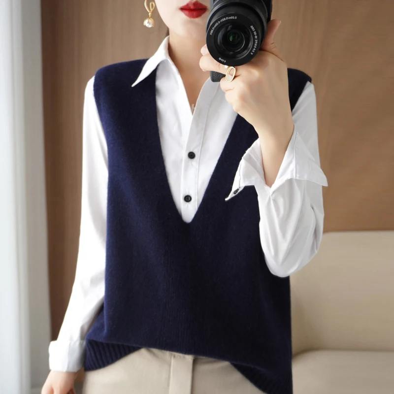 Spring And Summer Cashmere Knitted Vest Women\'s V-Neck Sleeveless Pullover Fashion Loose And Thin Solid Color Outer Wear GH2219