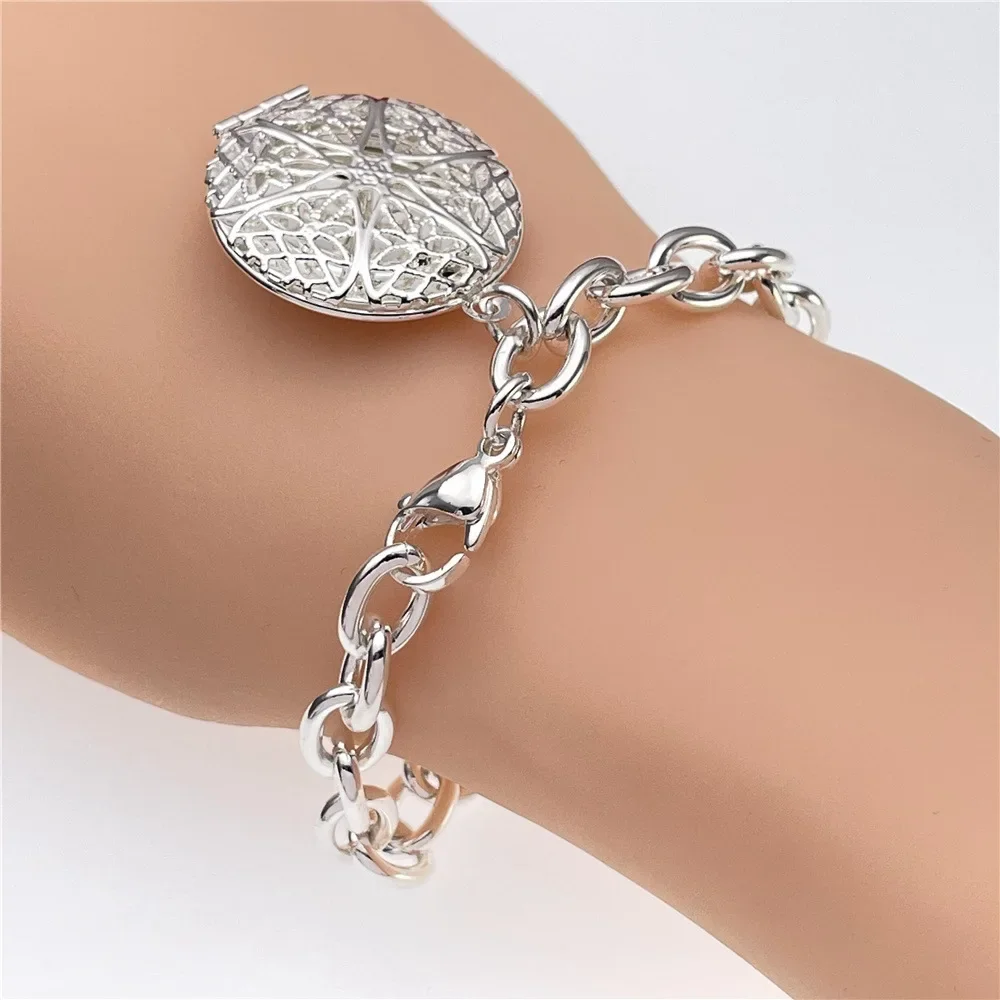 925 Sterling Silver Vintage round photo frame pendant Bracelet for Women Fashion party wedding  designer Jewelry Gift