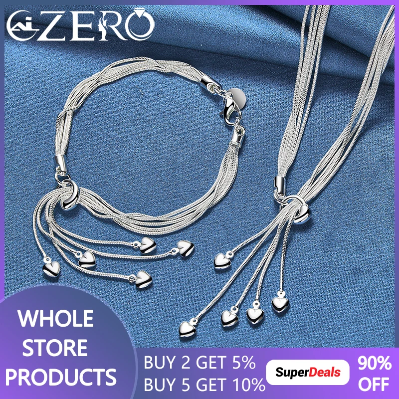 

ALIZERO 925 Sterling Silver Five Heart Snake Chain Necklace Bracelet Jewelry Set For Woman Wedding Party Fashion Jewelry Gift