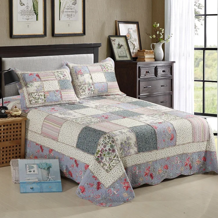 Quilted quilt four-piece set of pure cotton fungus edges, real piece pastoral washing, four-piece set of cotton bedding