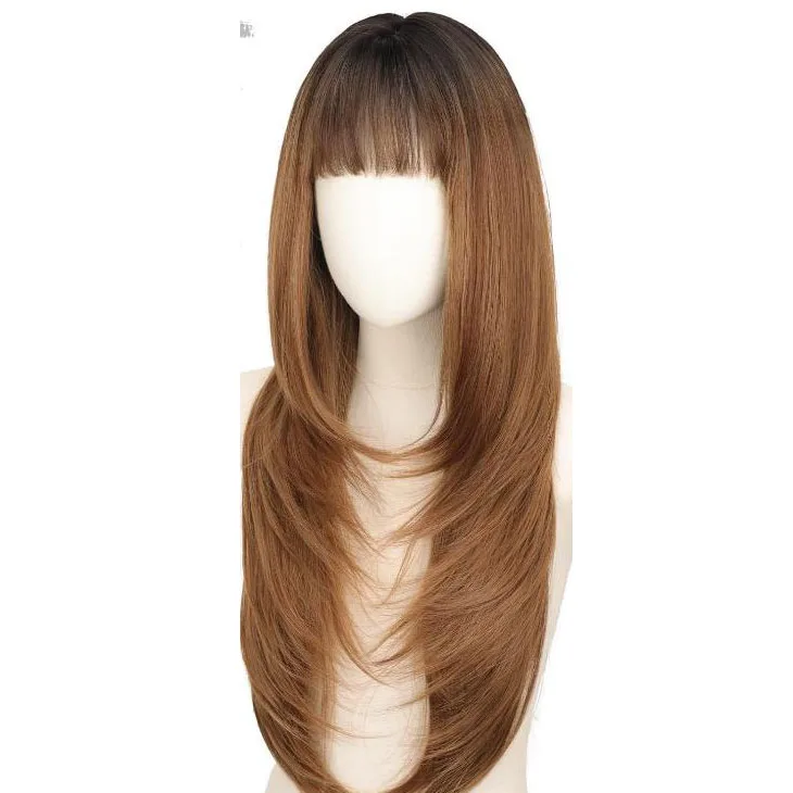 Brown gradient bangs, top dyed with layering, long straight hair, European and American hot selling wigs
