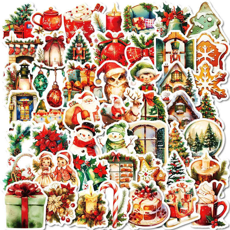 50pcs/set Christmas Stickers Vintage Style Holiday Decoration Waterproof Stickers Toys for Scrapbook Skateboard Laptop Luggage