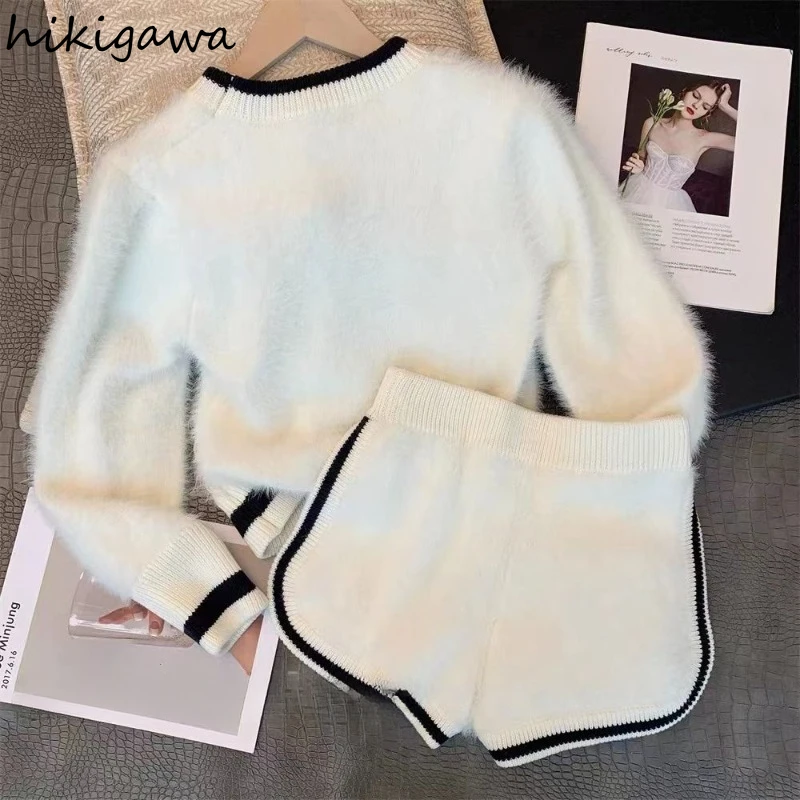 Knitted Suit Fashion 2 Piece Sets Women's Clothing O-neck Casual Pullovers Tops High Waist Shorts Outfits Soft Korean Y2k Suit