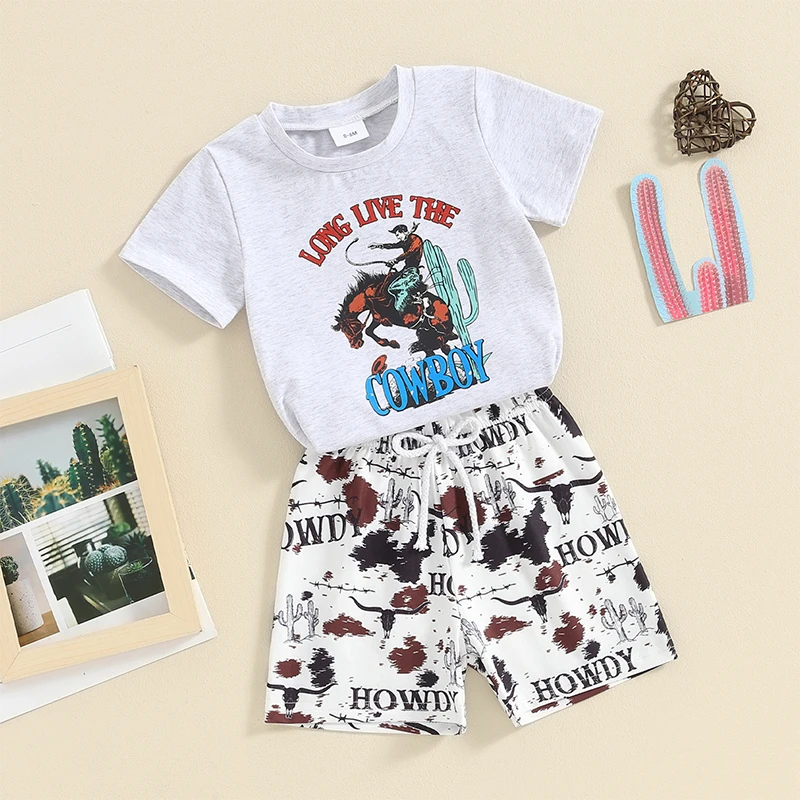 Baby Boy Western Clothes Cowboy Short Sleeve T-Shirt Tops Cow Print Shorts Set Toddler Western Summer Outfits