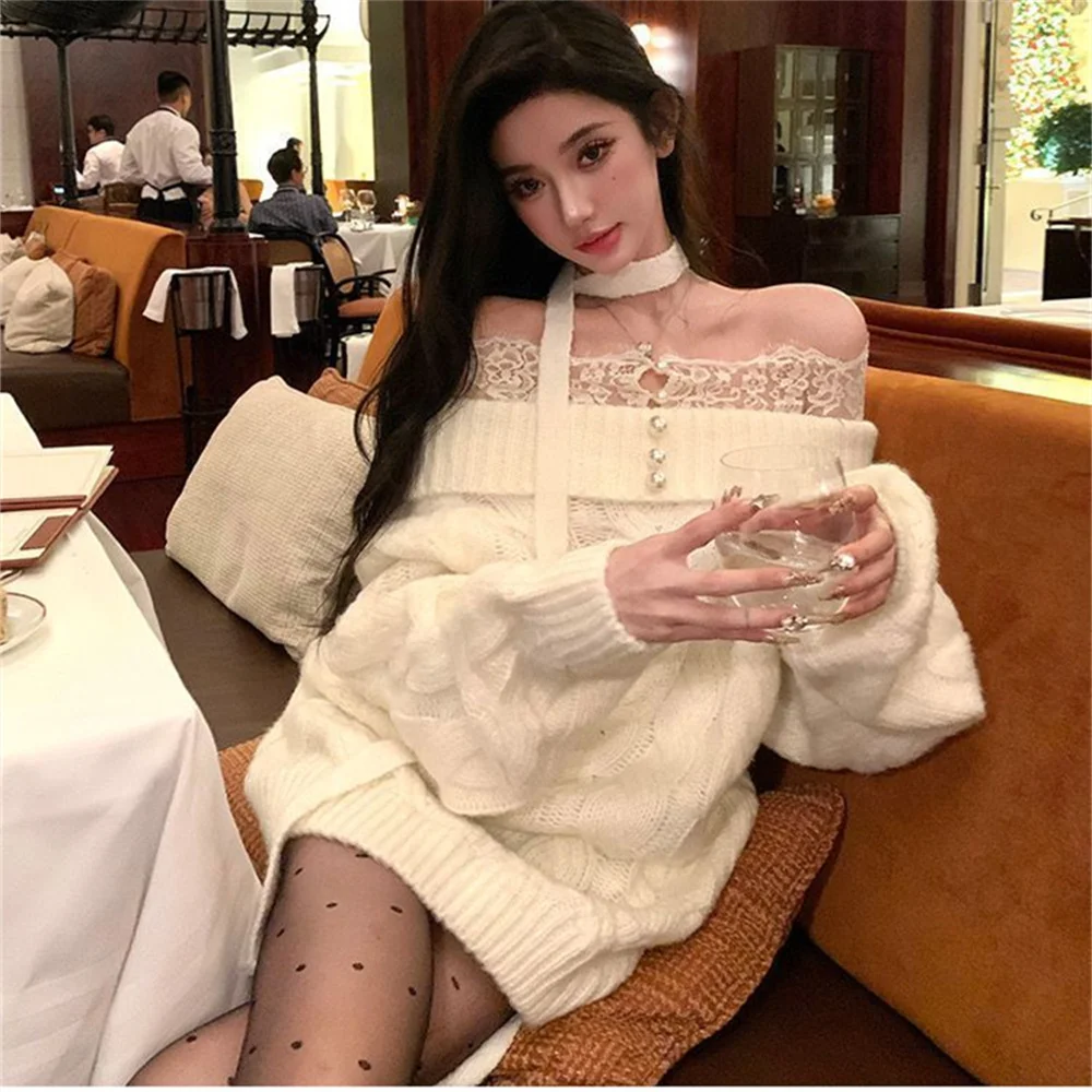 Sweter Kerah Slash Elegan Wanita Fashion Patchwork Renda Rajutan Pullover Gaya Korea Longgar Pakaian Rajut Musim Dingin Lengan Panjang Pullover