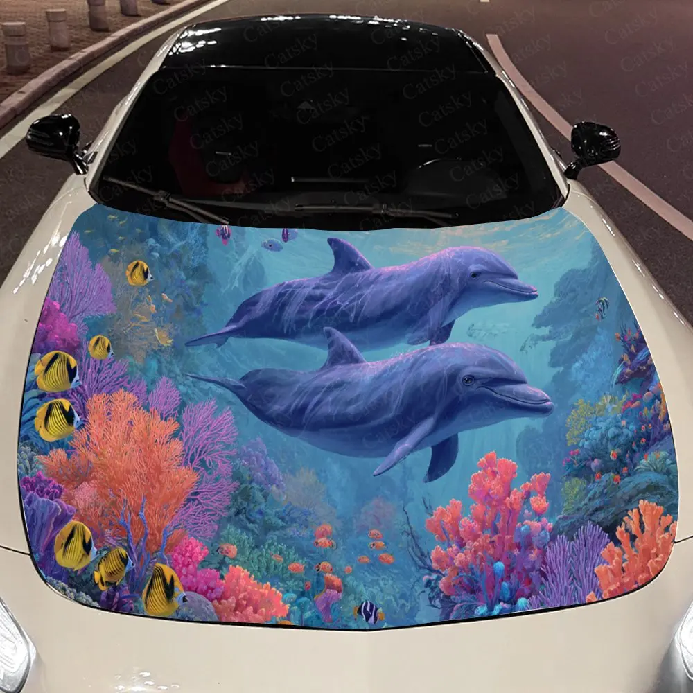 

Lively Underwater Dolphin Car Hood Stickers - Self-Adhesive, Waterproof and Durable Vinyl Wrap, Decorate And Protect Your Car -