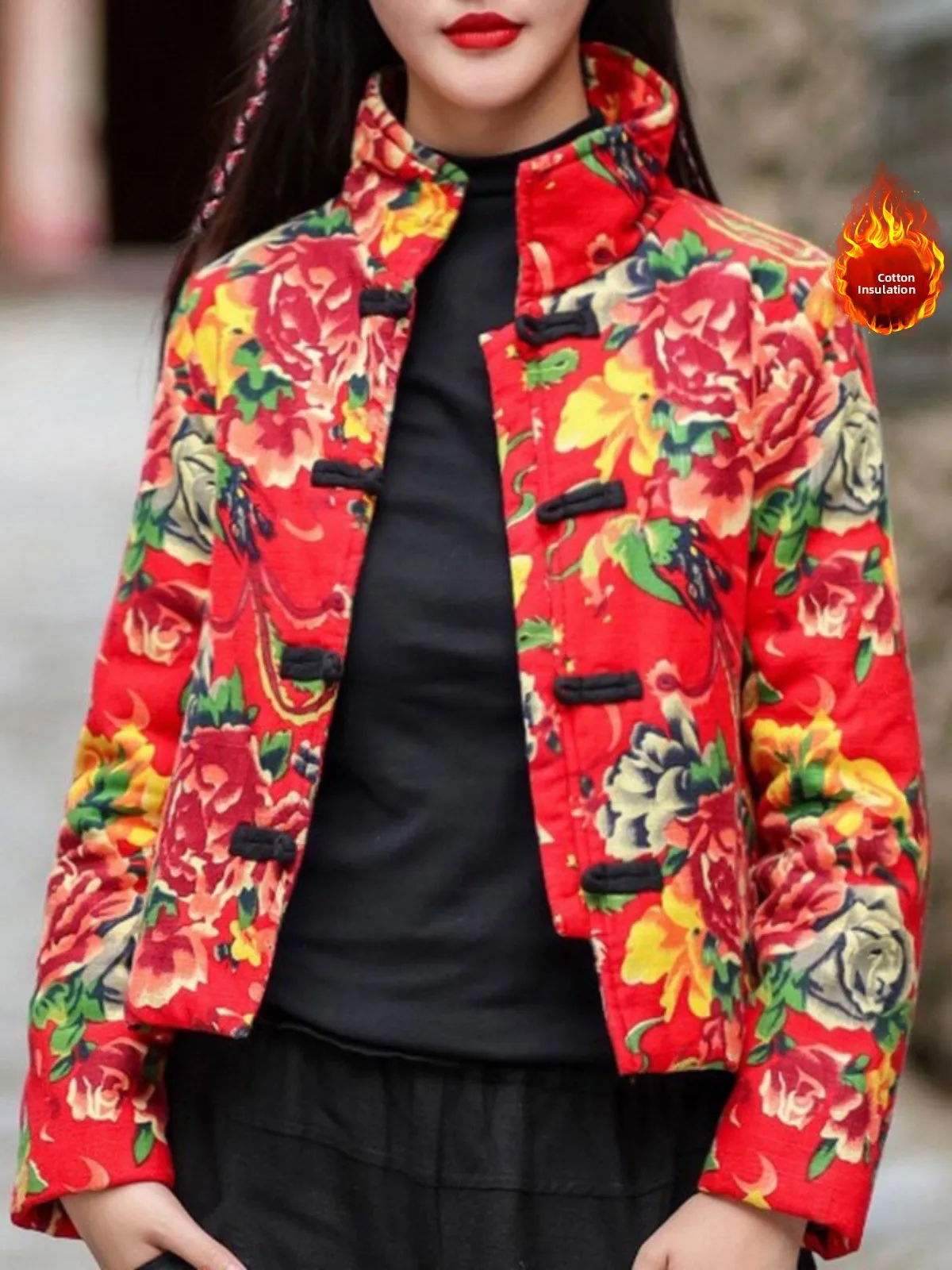 شمال شرق الصين زهرة كبيرة طباعة المرأة القطن Jaet ort مبطن الوقوف طوق معطف القطن الدافئ Faionable الرجعية Sle