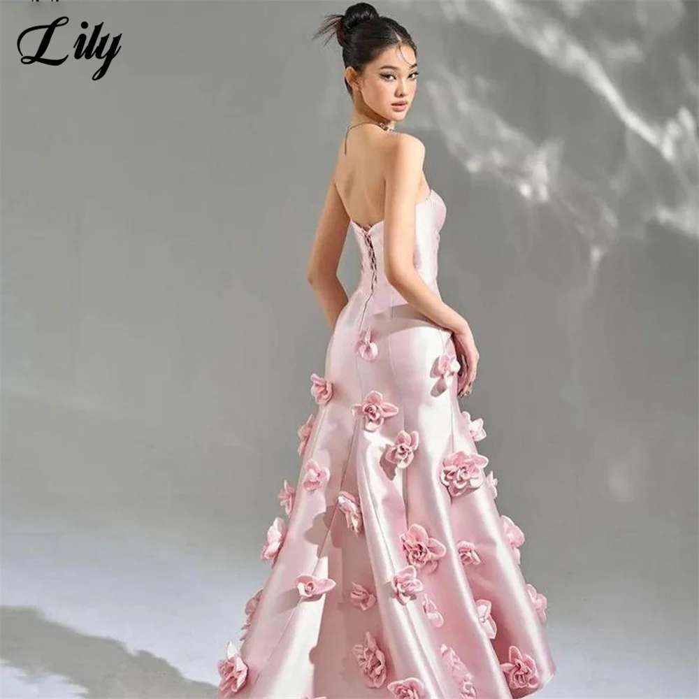 Lily Pink Stain Prom Dress Sweetheart Party Dresses Sleeveless Celebrity Gowns 3D Flowers Wedding Party Dress вечерние платья