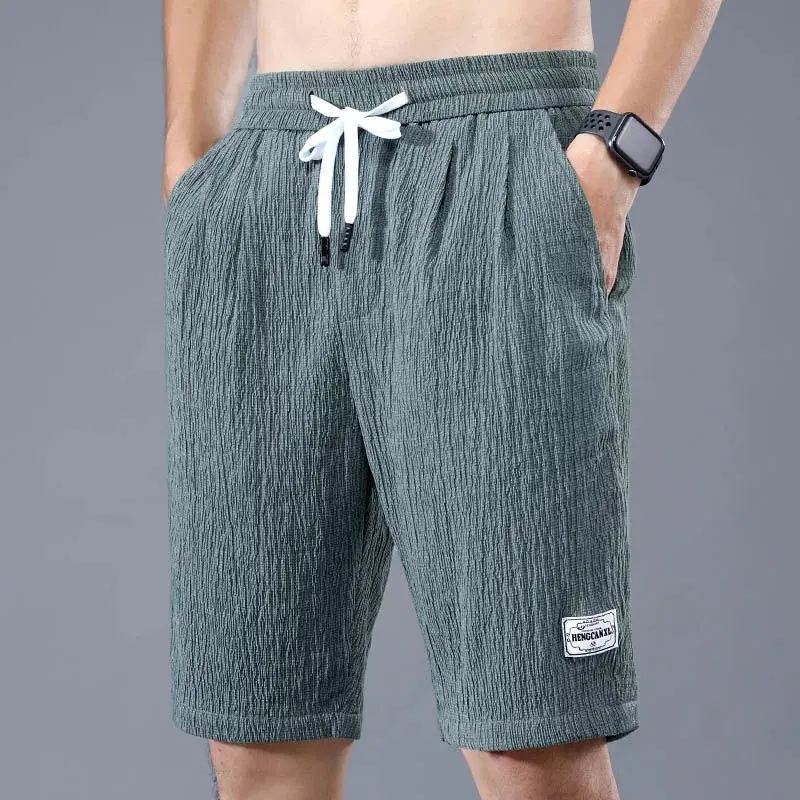 Ice Shreds Men Thin Style Motion Pleated Loose Straight Cylinder Fashion Trend Casual Solid Color Labeling All-match Shorts