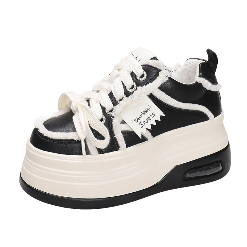 

8CM New Women Chunky Sneakers Autumn High Platform Leather Shoes Thick Bottom Vulcanize Shoes Breathable Female Casual Dad Shoes
