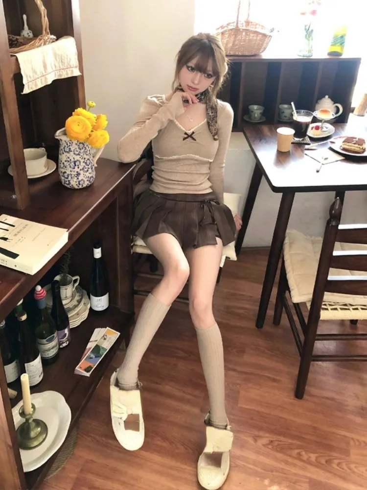 Sweet Bow Knitted T-Shirts Women Slim Patchwork Lace Y2k Aesthetic Tee Shirts Casual Vintage Grunge Bottoming Tshirts Grunge