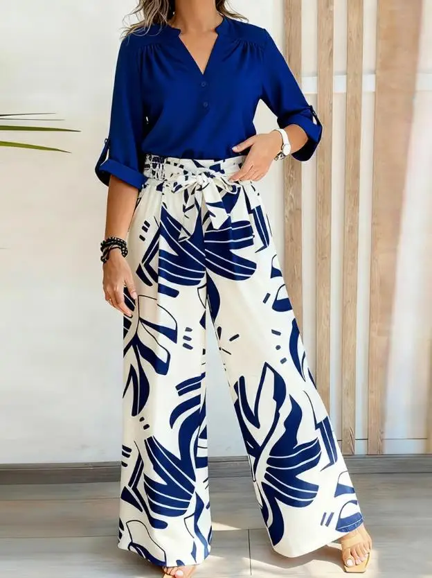 

New Women's Two-Piece Stand Up Collar Long Sleeved Shirt and Casual Floral Printed Wide Leg Pants with Pockets for Autumn 2025