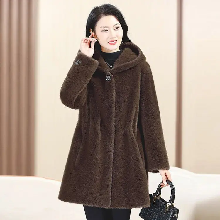 

2024 Winter New Women's Fur One-piece Mink Fur Coat Loose Hooded Mixed Fur Coat