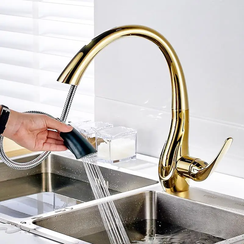 Kitchen Faucet Pull Out Golden Plate All Around Swivel Spout Hot and Cold Spray Head Kitchen Taps Mixer