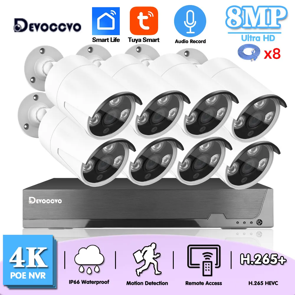 외부 방수 POE NVR 비디오 감시 키트, 8MP POE IP 불릿 카메라 세트, 투야 CCTV 카메라 보안 시스템 키트, 4K, 8CH 