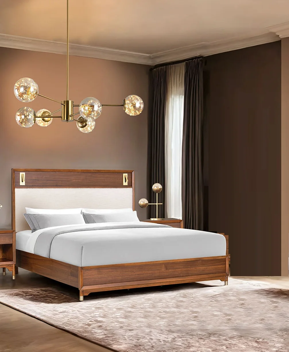 #Mid-Century Modern Beautiful 1pc Eastern King Size Bed Walnut Solid Wood