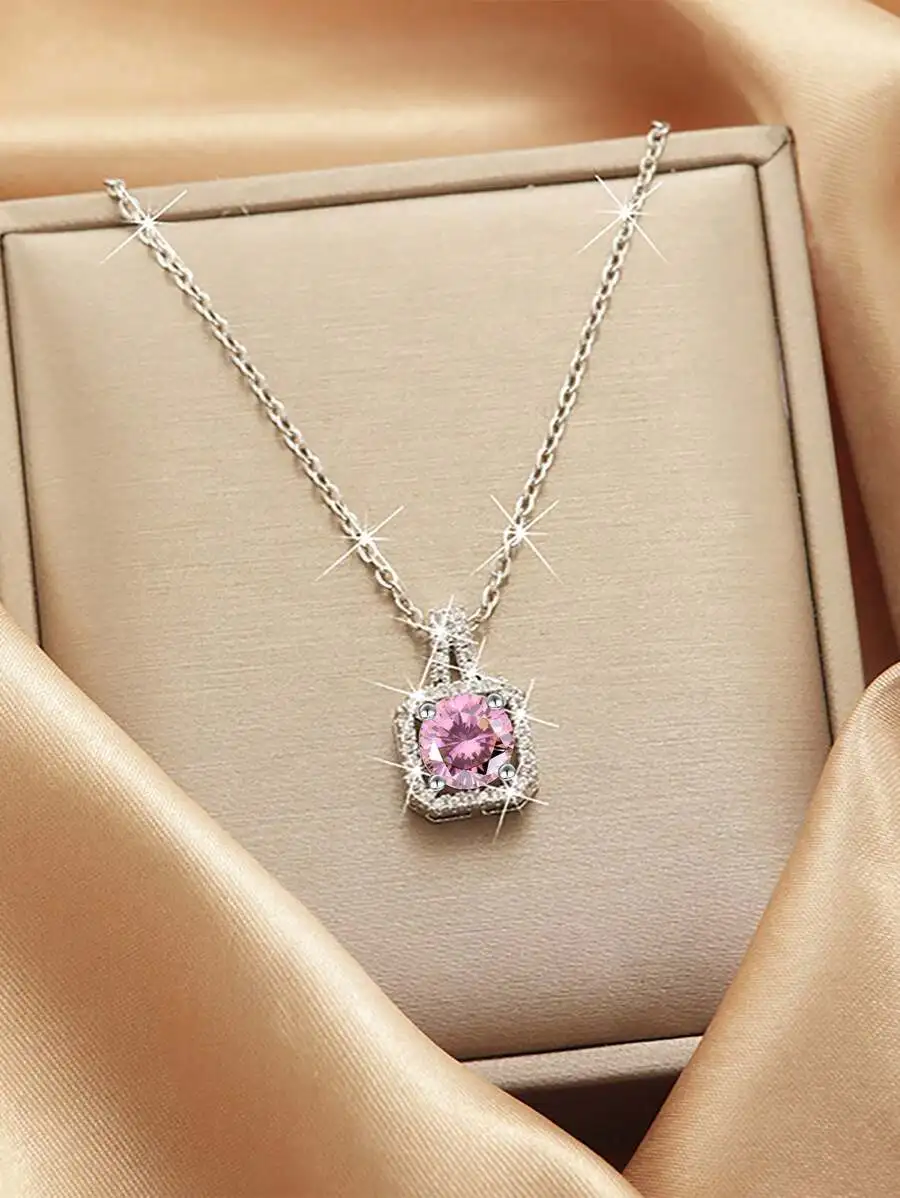 

Square Cubic Zirconia Pendant Necklace With Pink Stone For Women