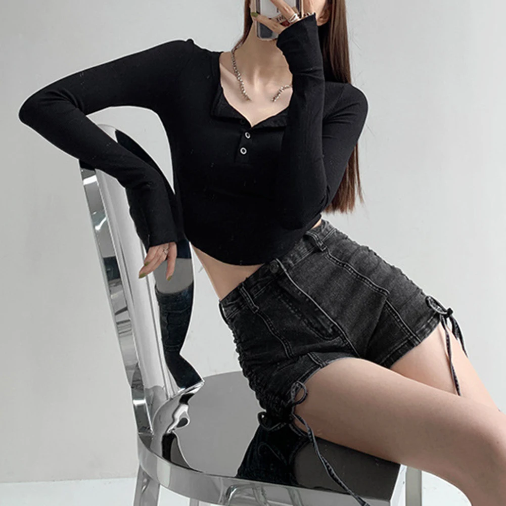 

Casual Long Sleeve Women's T Shirt with For Semi Open Neck Short Top Suitable for Four Seasons Polyester Blend