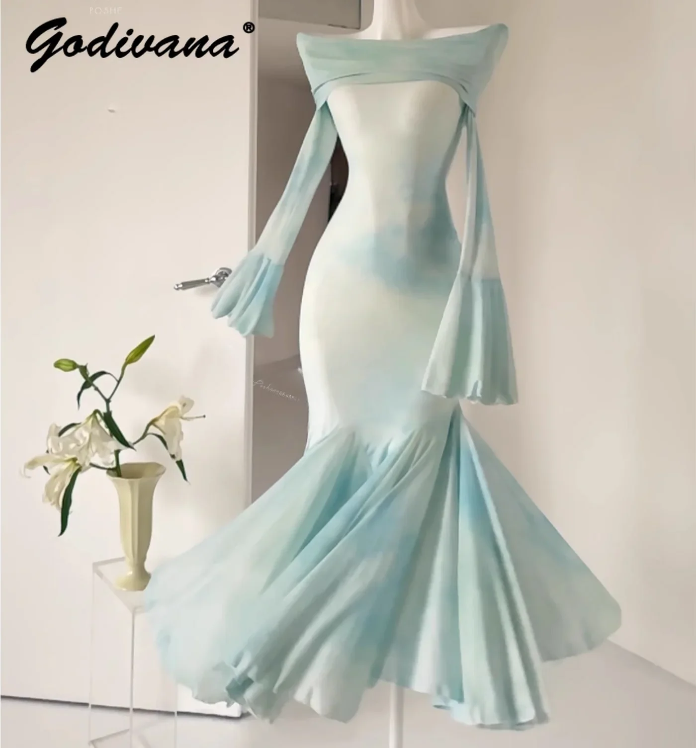 

Elegant Gradient Mint Off Shoulder Long Sleeve Skin-Friendly Elastic Mesh Fishtail Dress Ladies Sexy Bodycon Party Evening Dress