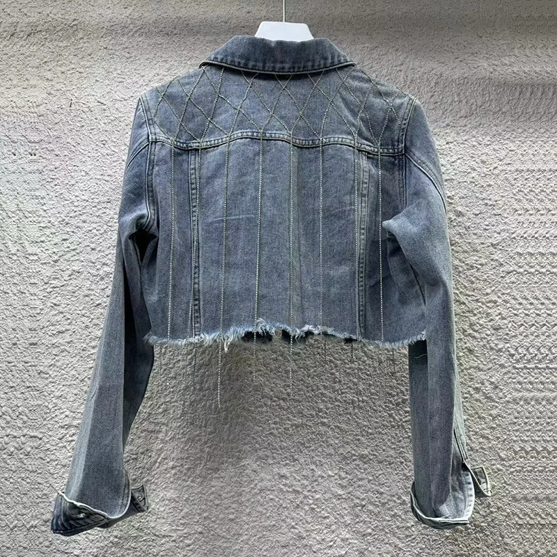 Fashion Diamond Chain Design Light Blue Slim Short Denim Jacket Lapel Long Sleeve Spring Autumn Women Jeans Jacket Streetwear