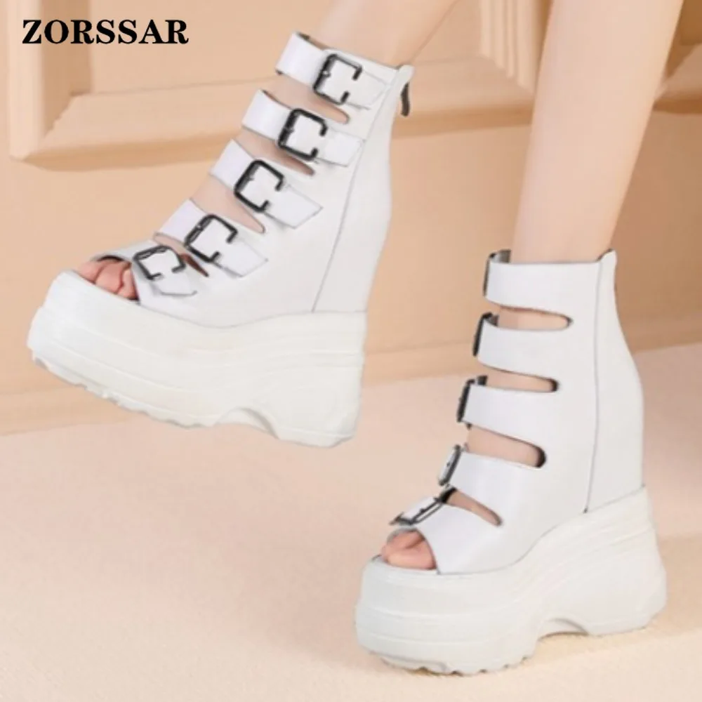 

Женские белые босоножки на танкетке с высоким каблуком 16 см, с вырезами, на платформе, с открытым носком, на молнии сзади, с множеством ремешков с пряжками, для вечеринок