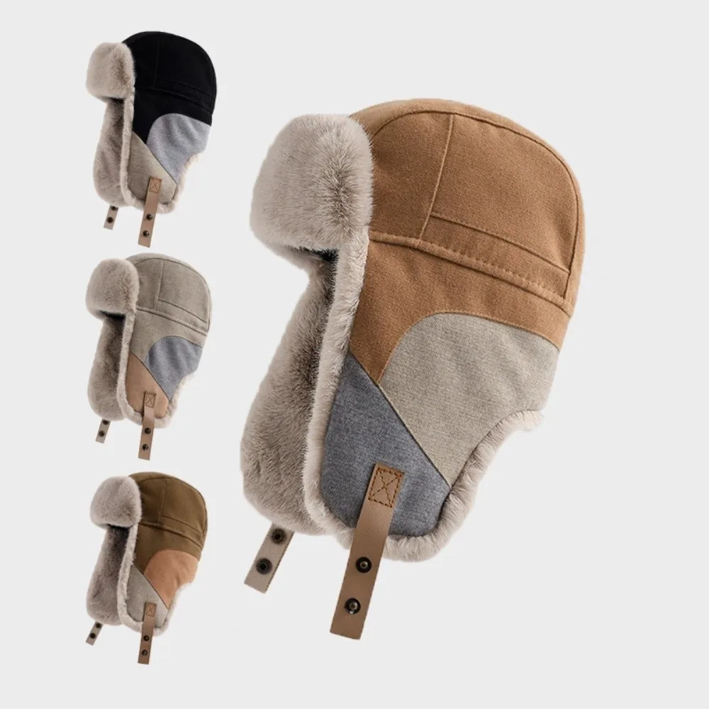 Farbblock-Wintermütze mit Fleece-Futter, Ohrenklappen, winddicht, windresistent, dicke, thermische Patchwork-Skimütze – Detail 1