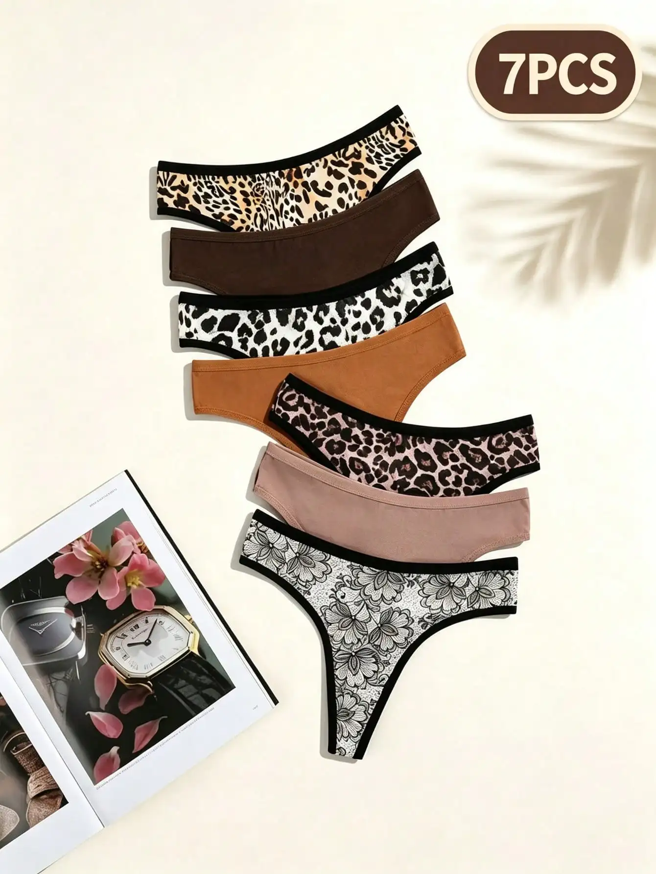 7PCS New Milk Silk Women Thongs, Leopard Floral Print & Solid Color Mid-Low Rise T Back Panties With Double Layer Crotch