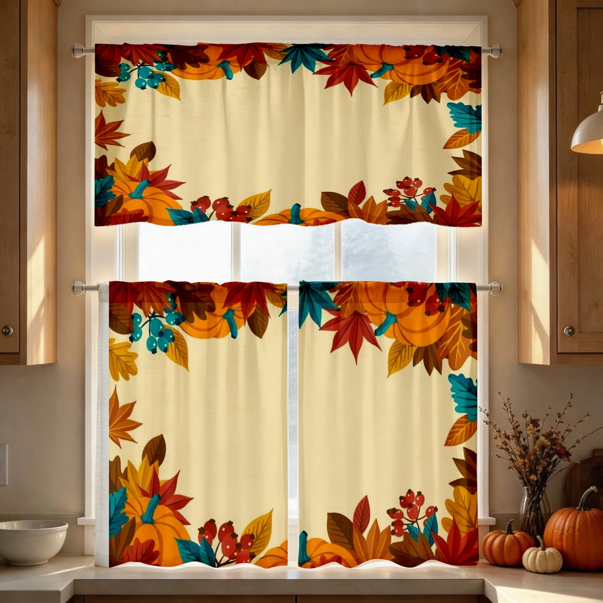 Thanksgiving Fall Kitchen Curtains, Border Pumpkin Berry, Digital Print, Kitchen Dining Room, Rod Pocket Polyester, Home Decor