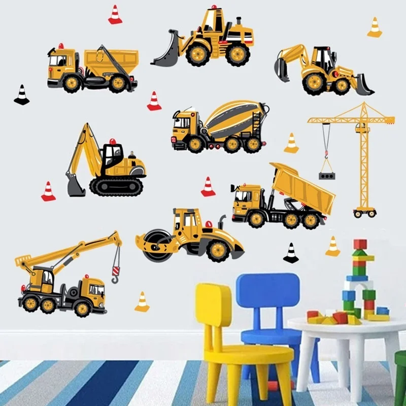 Cartoon Excavator Construction Wall Decals Baby Boy Nursery Kids Room Stickers