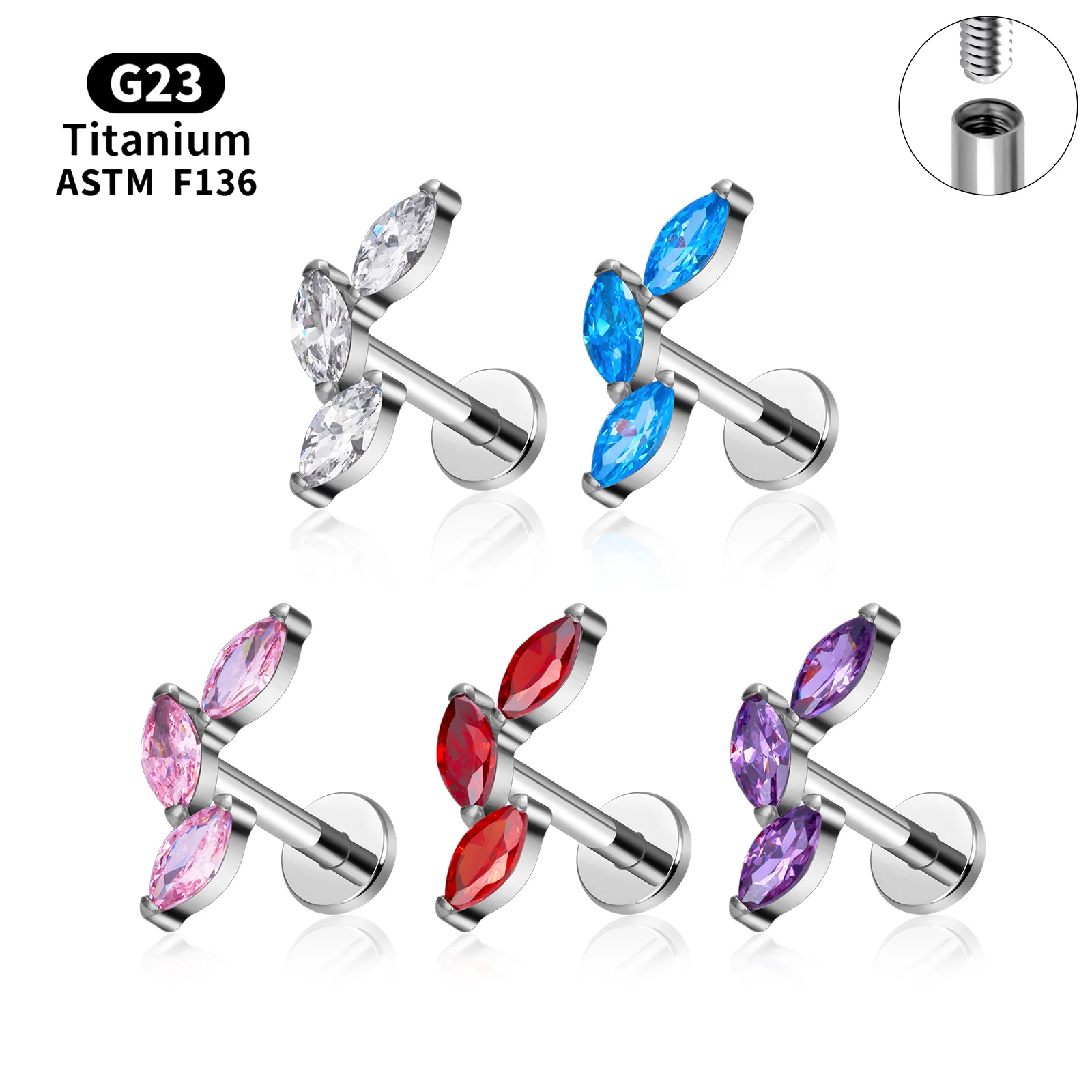 

1Pc G23 Titanium Ear Tragus Earring Stud Internally Threaded CZ Crystal Labret Ring Cartilage Helix Piercing Body Jewelry 16G