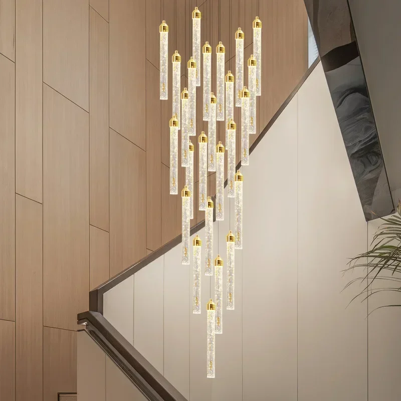 Revolving staircase chandelier Modern light luxury villa Duplex floor long chandelier Simple