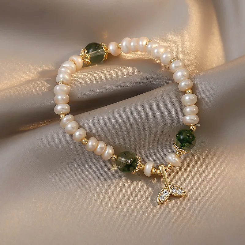 New Arrival Elegant Fish Tail Natural Freshwater Pearl & Crystal 14K Gold Filled Female Charm Bracelet Jewelry For Women Gifts
