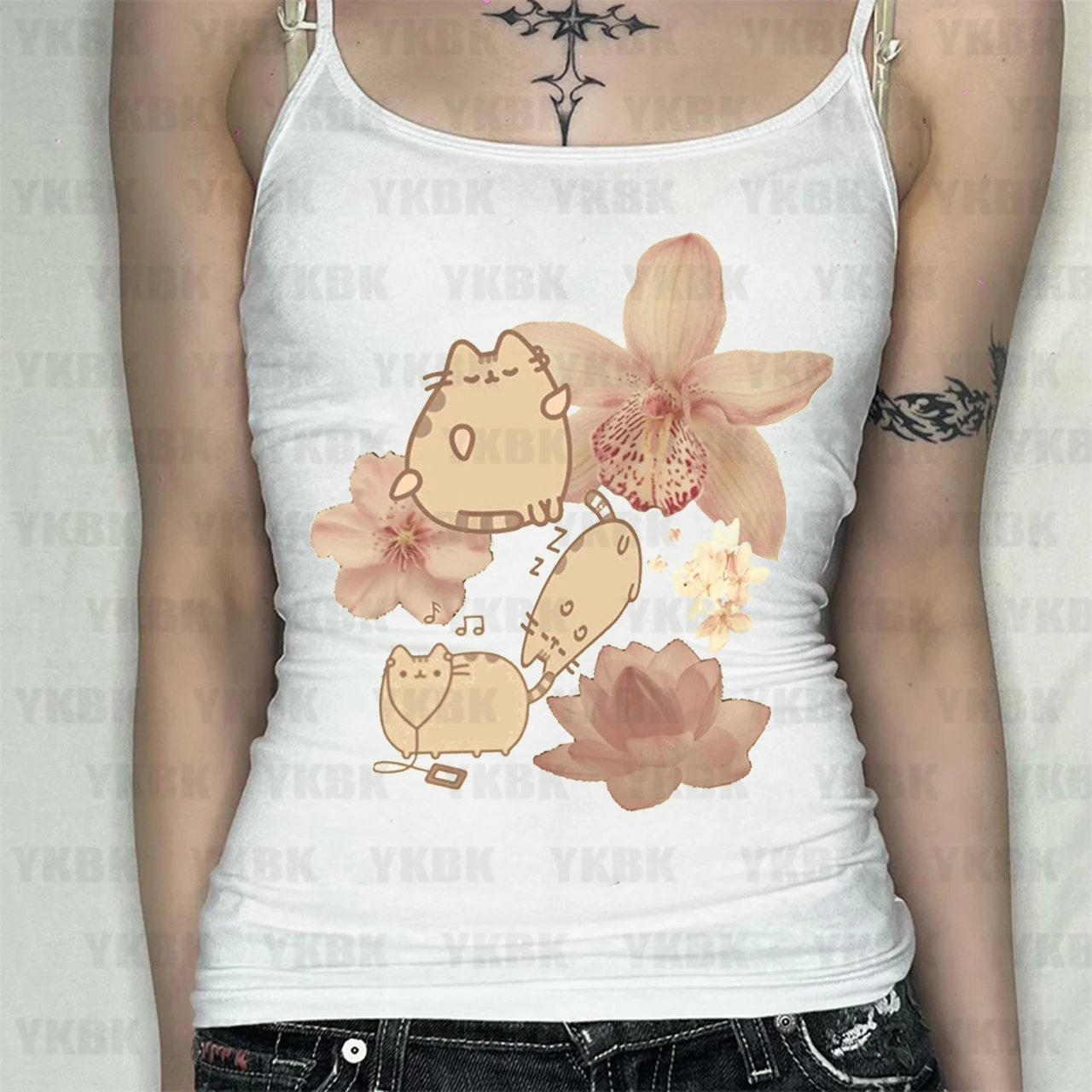 

Harajuku Streetwear White Suspender Clothes Aesthetic Gothic Print T-shirt 2000s Top Y2K Crop Tops Short Sleevle Vest Women Tees