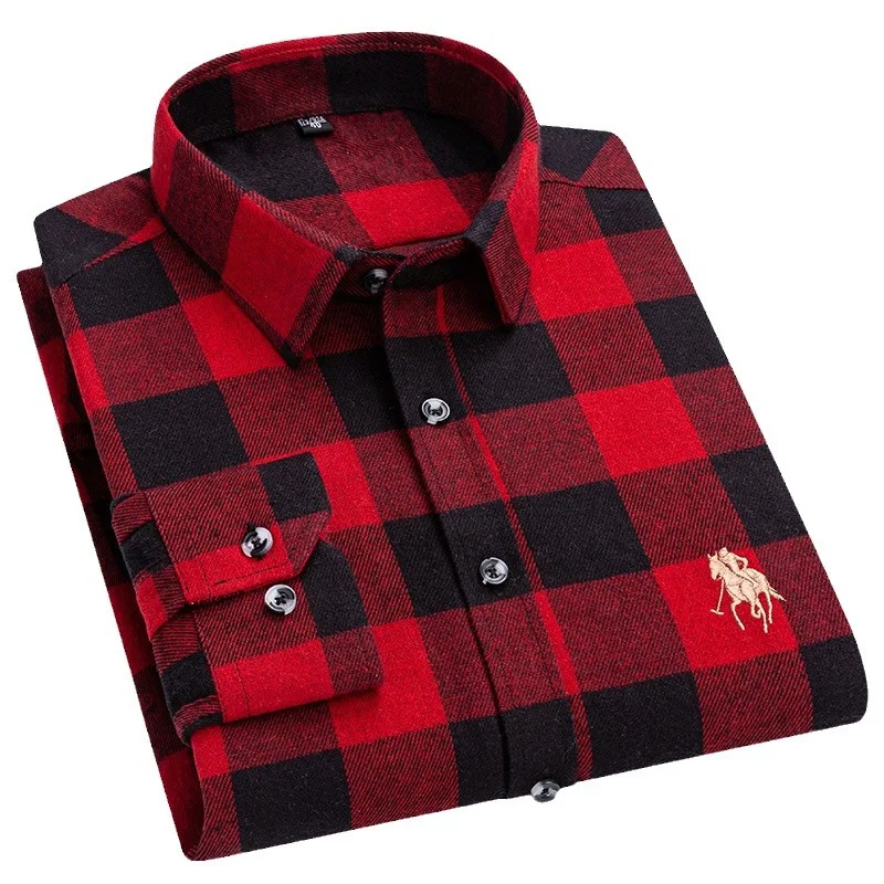 Increase 115KG men\'s 100% cotton sanded plaid long shirts for casual middle-aged and elderly fathers to wear shirts and jackets.