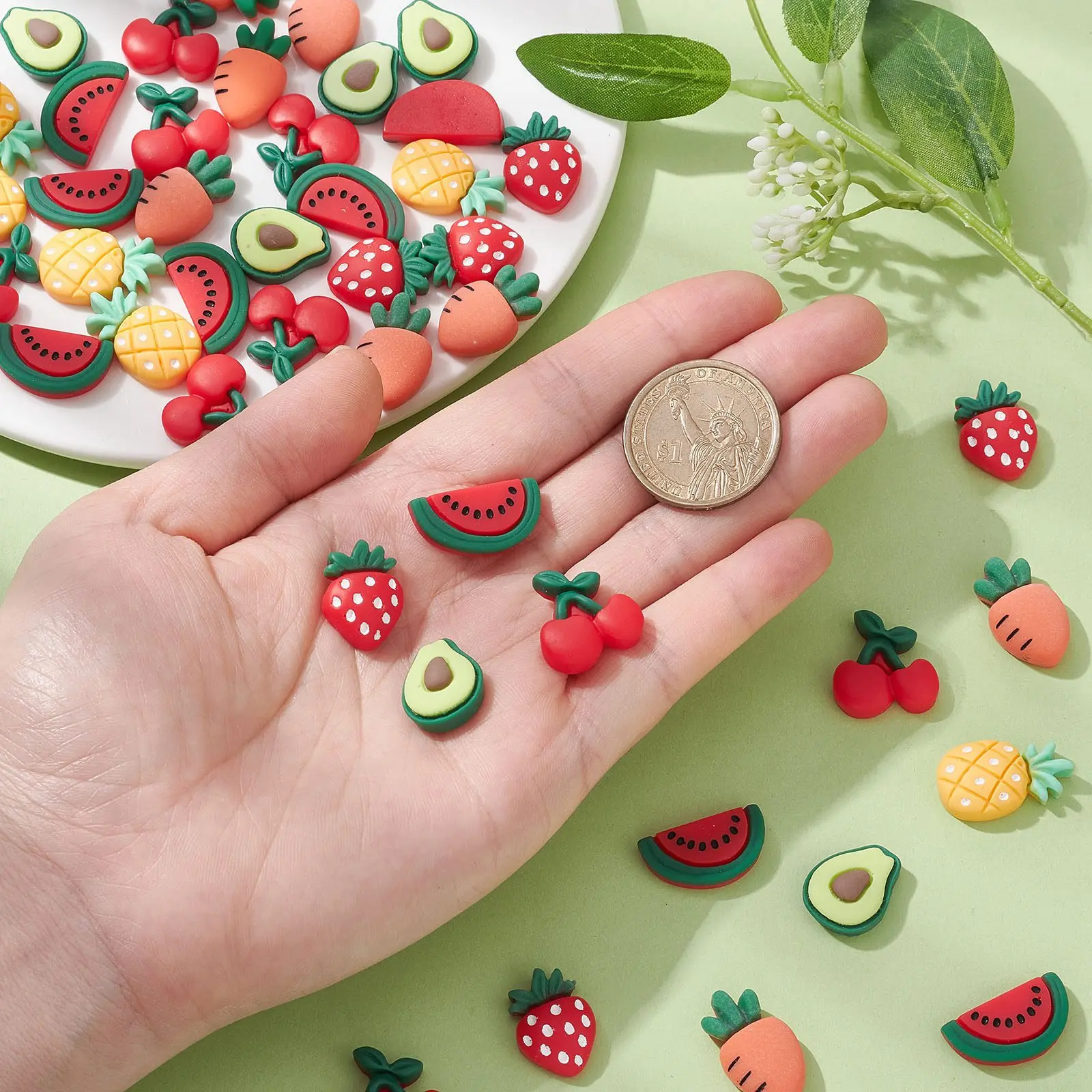 100Pcs 6 Styles Resin Fruit Flatback Charms Opaque Resin Cabochons Strawberry Avocado Cherry Embellishments for DIY Craft Making image 4