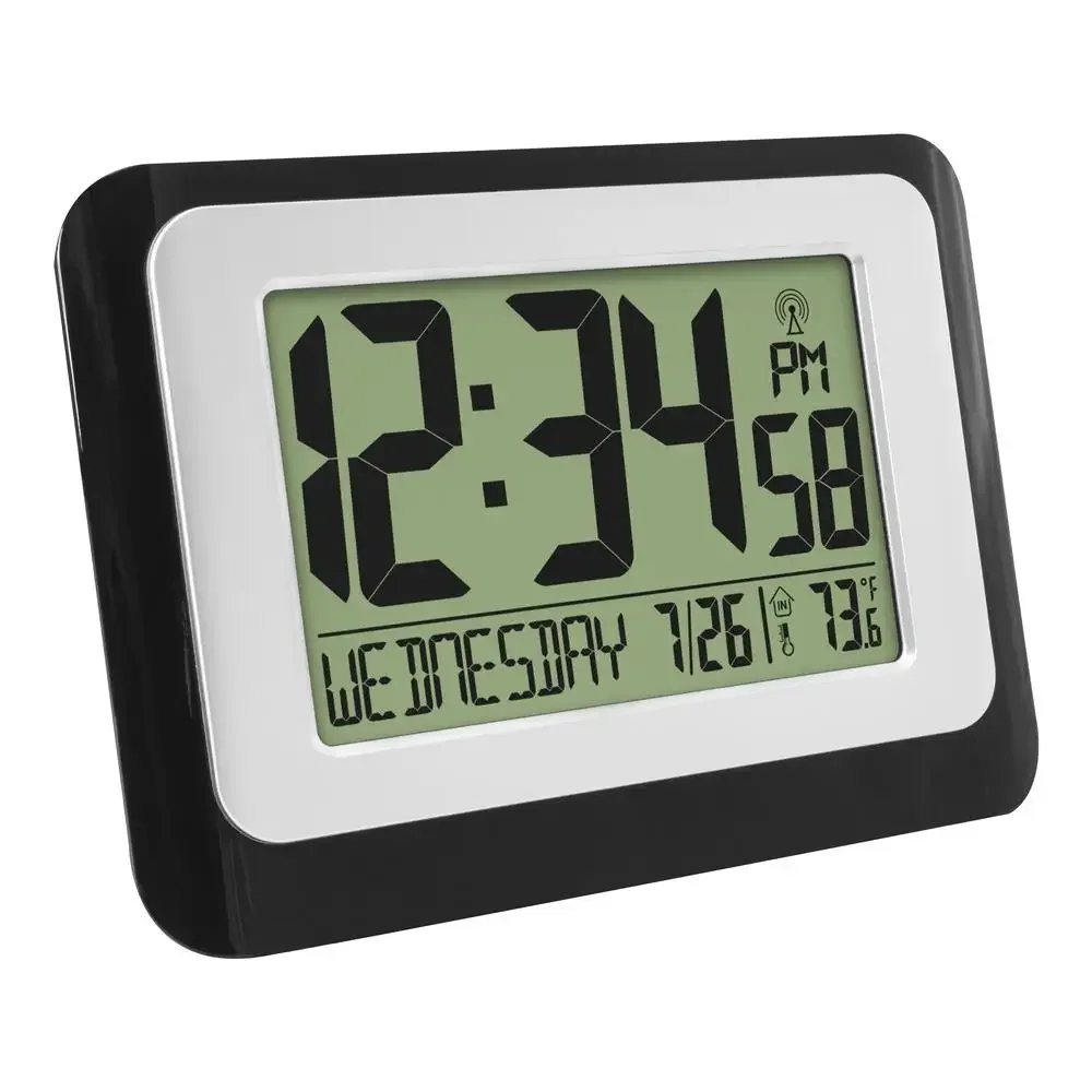 Atomic Desk Clock Calendar Alarm Temperature Display Snooze Function Black