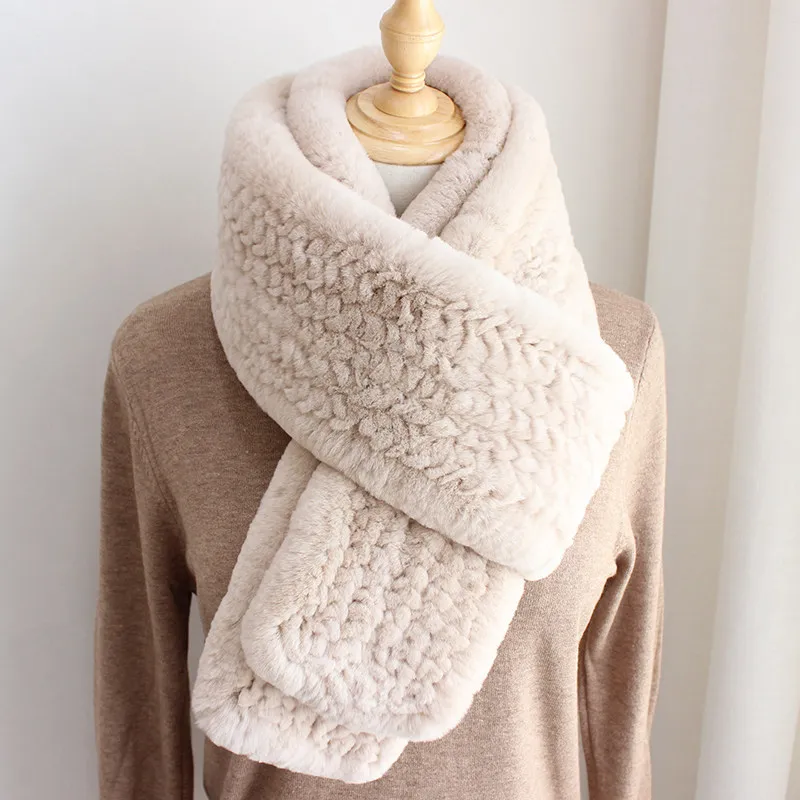 Real Rex Rabbit Womens Double Sided Fur Knit Scarf Fashion Winter Long Scarf Plush Accessory For Women Warm And Thickened Scarf