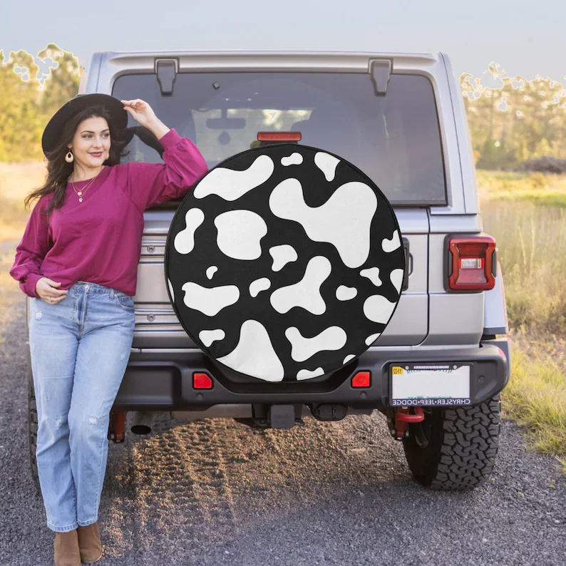 Cow Animal Print - Spare Tire COVER CAR for Jeep Wrangler, Jeep Liberty, 2021 Bronco, RV, Camper - Optional Backup Camera Hole