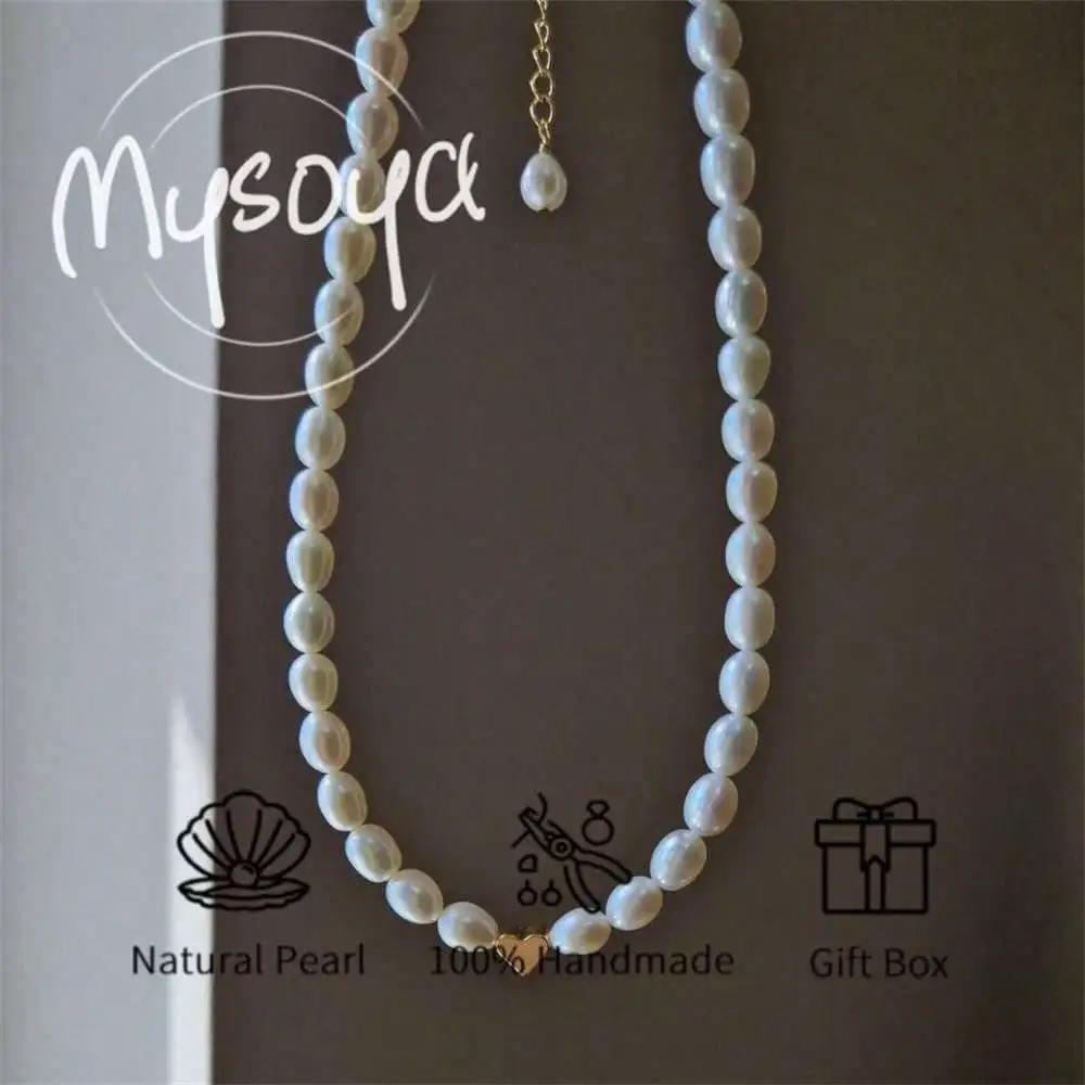 

MYSOYA White Rice-shaped Freshwater Pearl Bracelet & Necklace Set 7-8mm Pearls Gift Box Birthday/Wedding Gift Anniversary Gift