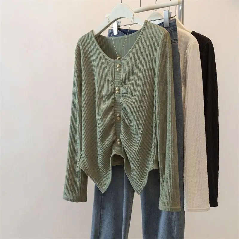 

Street Casual Pleated Irregular Top Spring Autumn Long Sleeve Solid Loose All-match Vintage T Shirts Fashion Trend Women Clothes