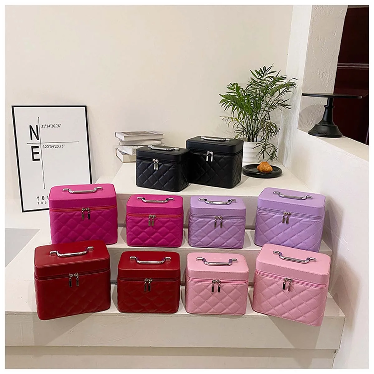 New net Red diamond check embroidered thread makeup bag Portable deluxe cosmetic case Solid color makeup storage box